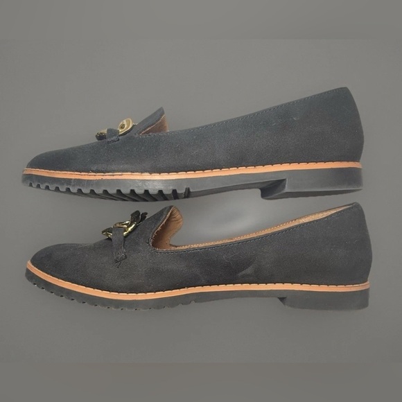 Adrienne Vittadini Shoes Flats Womens Size 7.5 M Black Slip On Suede Feel Gold - Picture 3 of 9